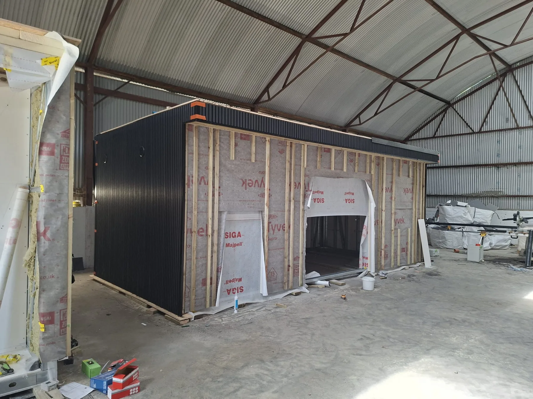 Weather-protection membrane and battens being installed
