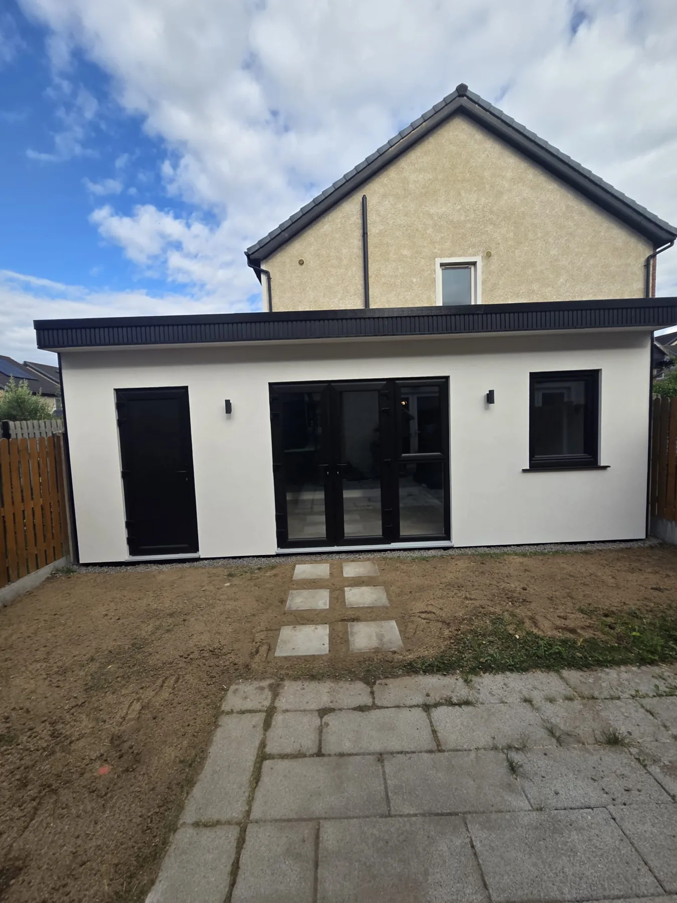 Completed contemporary garden room in County Meath with white exterior and black framed doors