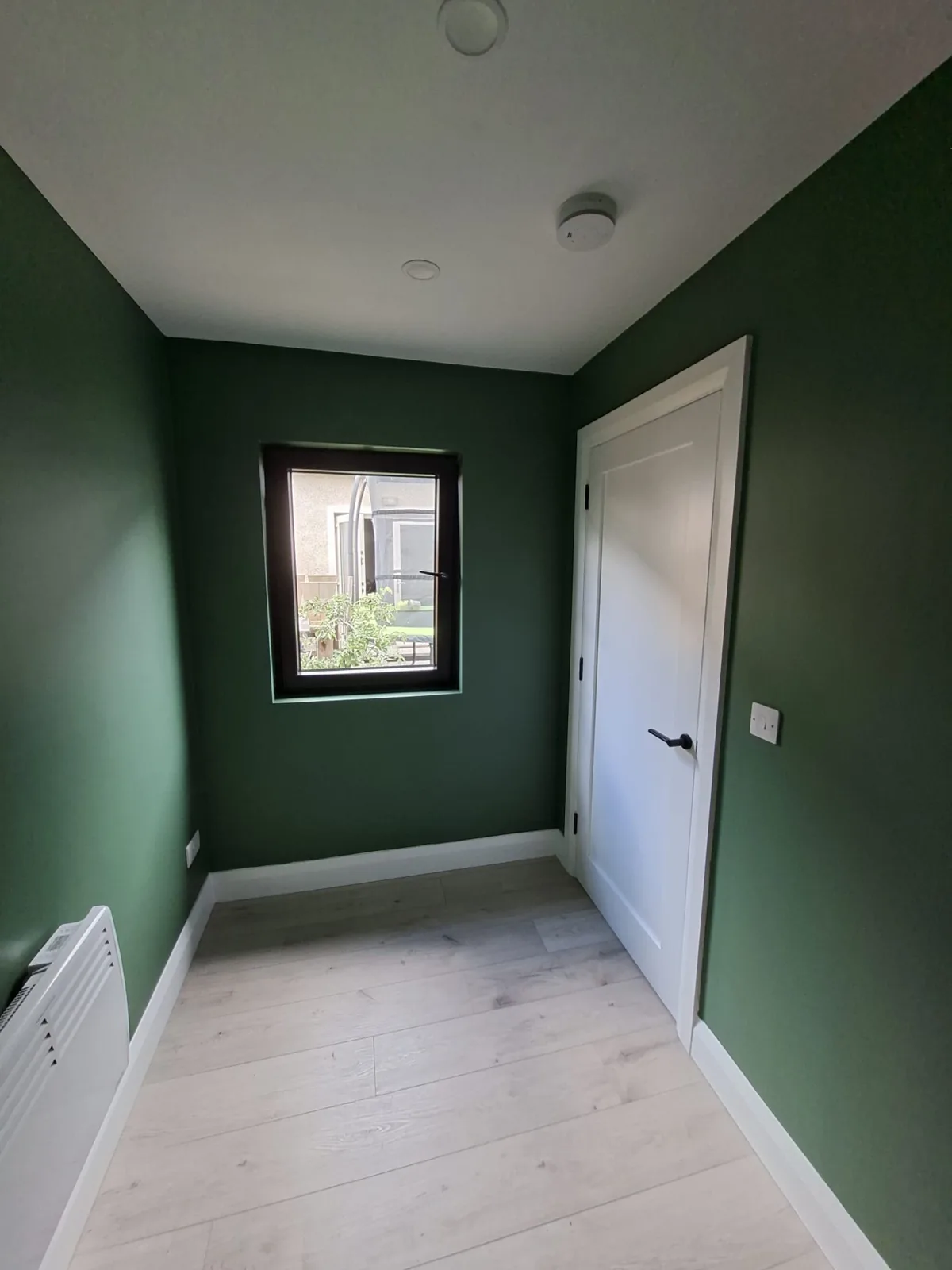 Finished interior detail showing green walls, white door and black framed window